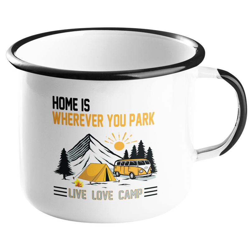 Camping Emailletasse "Home ist wherever you park"